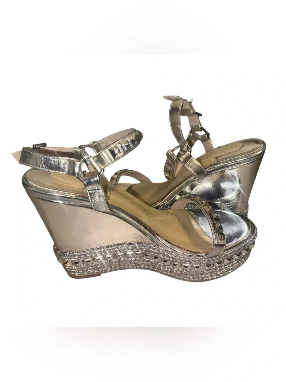 CHRISTIAN LOUBOUTIN Metallic silver Pyraclou Pyadiam Studded Platform wedges
